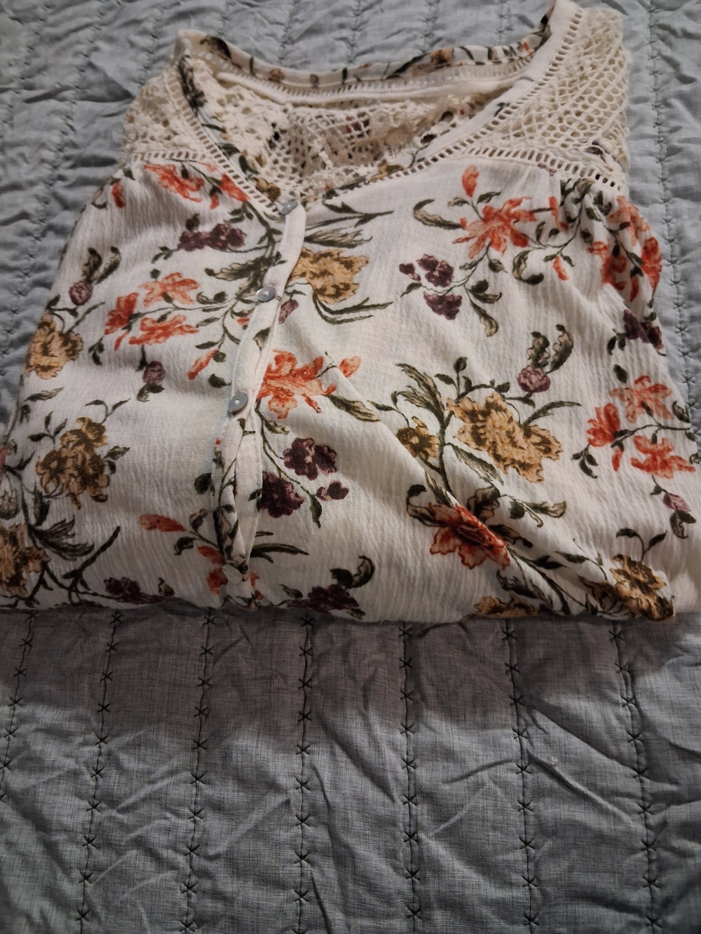 Cato Cream Floral Lace-Yoke Button Front Blouse